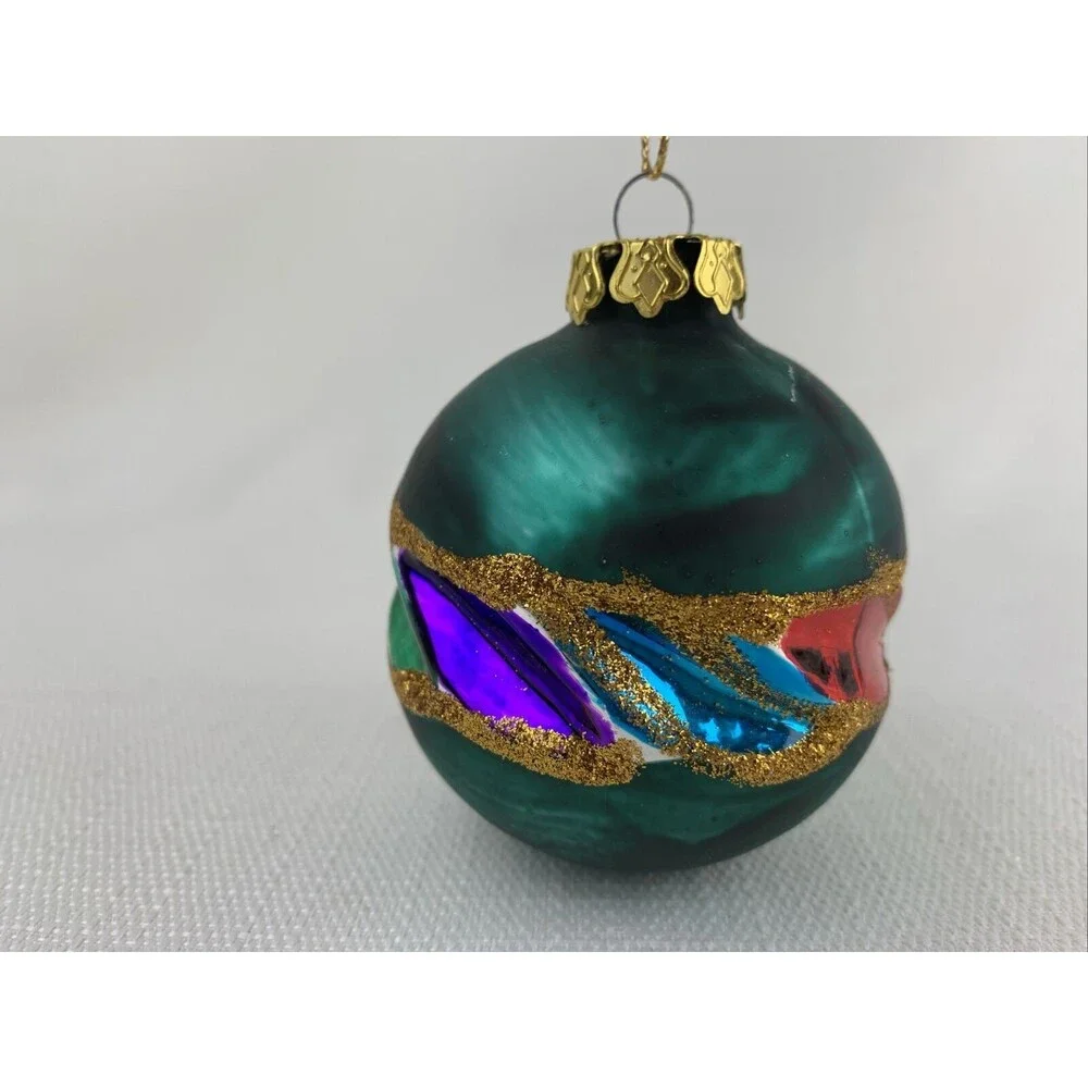 Vintage Hand Painted‎ Indented Ornament - Green Red Gold Blue Purple- Christmas